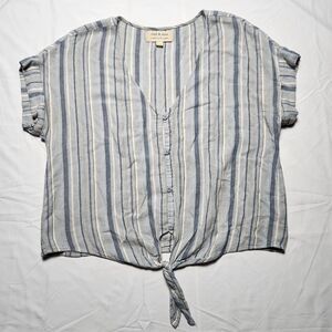Cloth & Stone Womens Medium Striped Short Sleeve Tie Front Button Shirt Blue